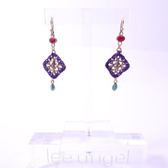 Neiman Marcus Majestic Cabochon Turq Lapis Woven Cabochon Earrings NWT 178 - Picture 1 of 7